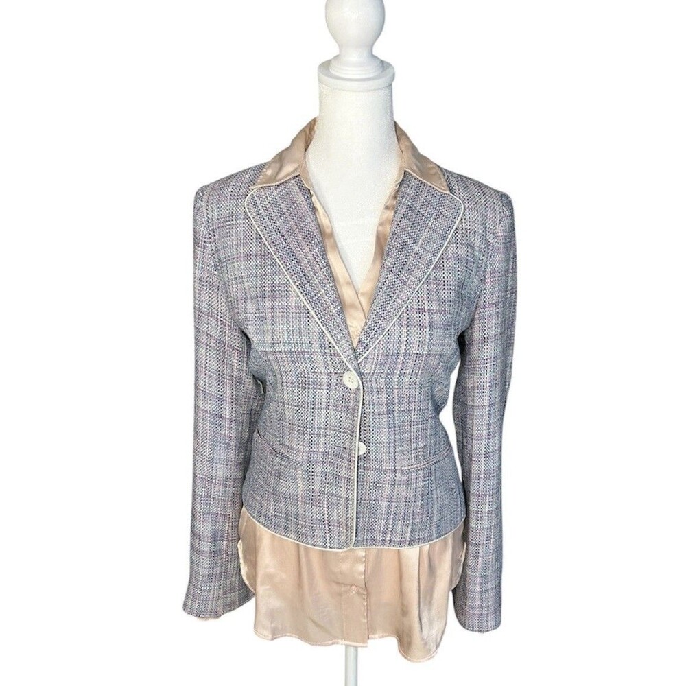 Tristan & Iseut Women’s 100% Silk Tweed Blazer Blue Pink Size 1 Piping Trim Chic